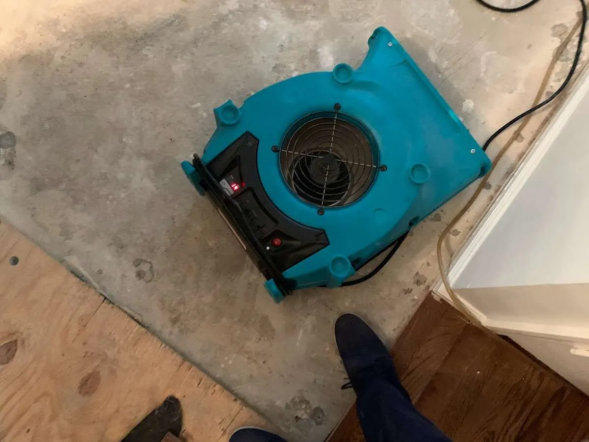 Air mover drying subfloor during Leak Detection & Repair in Edgewood